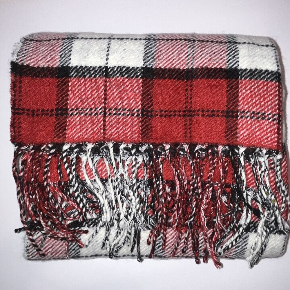 Talbots Reversible‎ Scarf Red Black Plaid and Houndstooth 74 x 22 Soft Fringe